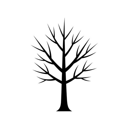 A striking black silhouette of a leafless tree, featuring intricate branches, evokes a sense of solitude and simplicity in a minimalistic style.のイラスト素材
