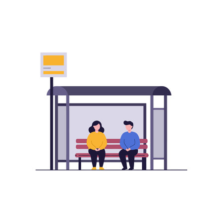 A man and woman sit on a bench under a bus shelter, casually engaging while waiting for transportation.のイラスト素材