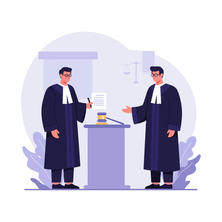 Two male lawyers in traditional black robes engage in a discussion, one holding a document, in a modern legal setting.のイラスト素材