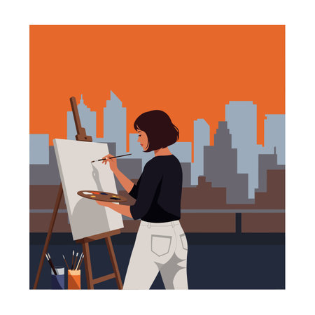 A woman stands at an easel, painting the city skyline against a vibrant orange sunset, exuding creativity and inspiration.のイラスト素材