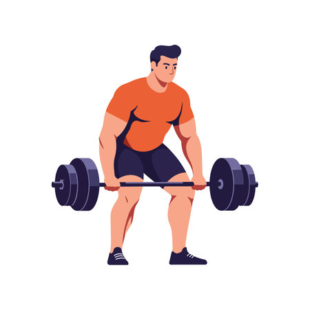 A muscular man in an orange shirt performs a deadlift with determination, showing strength and focus in a fitness setting.のイラスト素材