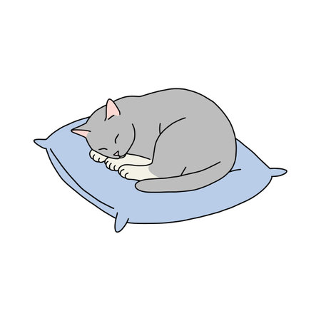 A gray cat sleeps contentedly on a light blue pillow, embodying tranquility and comfort in a minimalist design.のイラスト素材