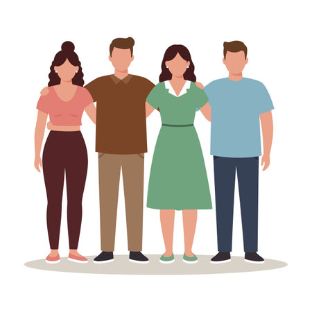 Four friends of different backgrounds stand side by side, exuding joy and camaraderie in a minimalistic vector design.のイラスト素材