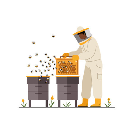A beekeeper in protective gear carefully inspects a hive, surrounded by buzzing bees and blooming flowers, evoking a sense of harmony with nature.のイラスト素材