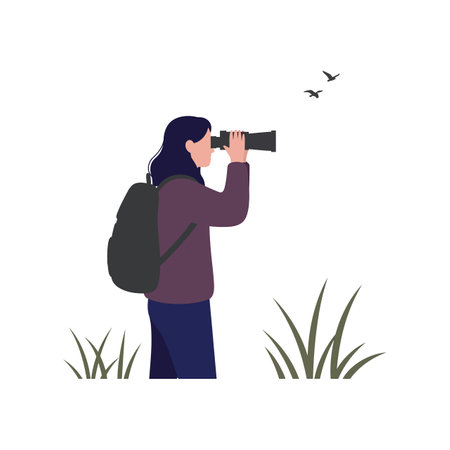 A woman in a purple jacket uses binoculars to observe birds flying overhead, surrounded by tall grass, conveying a sense of tranquility.のイラスト素材