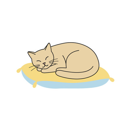 A light-colored cat rests comfortably on a cozy pillow, exuding tranquility and warmth in this simple, playful scene.のイラスト素材