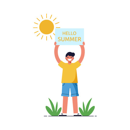 A happy boy stands in a sunny environment, holding a sign with Hello Summer, surrounded by green grass and a bright sun.のイラスト素材