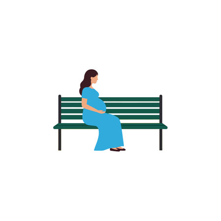 A serene scene depicting a pregnant woman in a flowing blue dress, gently resting on a green bench, exuding calmness and anticipation.のイラスト素材