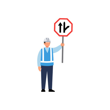A construction worker in a blue vest and hard hat stands confidently, holding a red traffic sign indicating direction, showing safety and focus.のイラスト素材