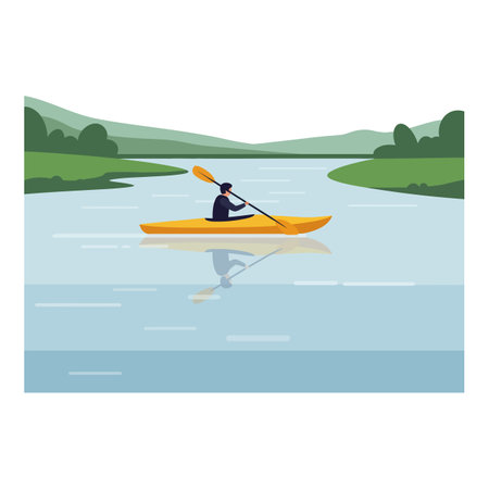 A person in a kayak navigates calm waters surrounded by gentle hills, reflecting a peaceful and adventurous atmosphere.のイラスト素材