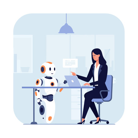 A professional woman engages with a small robot at a desk, showingcasing collaboration and innovation in a modern office environment.のイラスト素材