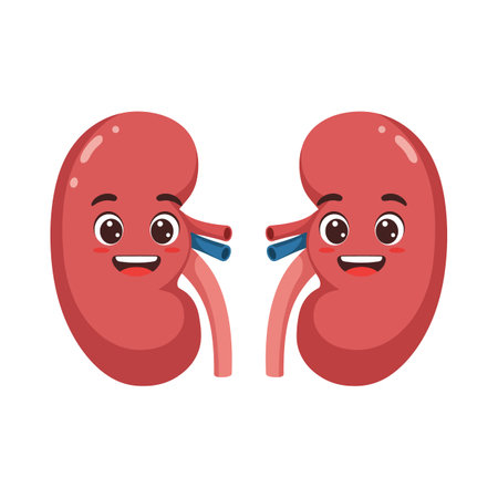 Two red human kidneys with expressive cartoon faces smile cheerfully, showing a playful and friendly mood in a simple flat design style.のイラスト素材