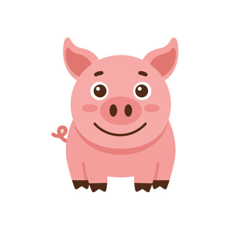 A small pink pig with big brown eyes, rosy cheeks, and a curly tail stands facing forward with a friendly smile in a minimal flat design.のイラスト素材