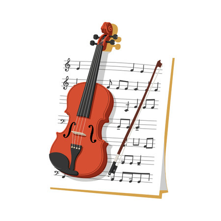 A polished wooden violin and bow lie atop printed sheet music, highlighting musical notes and craftsmanship in a calm, artistic setting.のイラスト素材