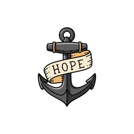A black anchor wrapped with a beige ribbon inscribed with the word hope, symbolizing stability and optimism in a clean flat design.のイラスト素材