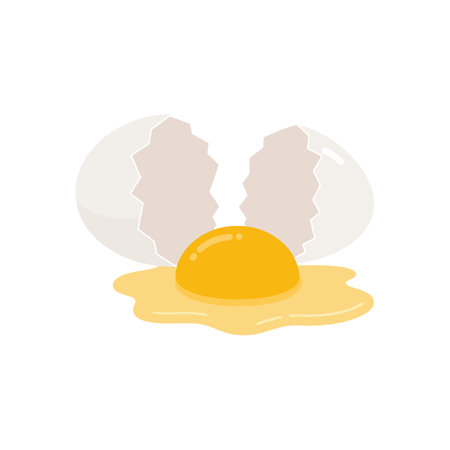 A broken egg reveals a vibrant yellow yolk and translucent white shell pieces, depicted in a simple...