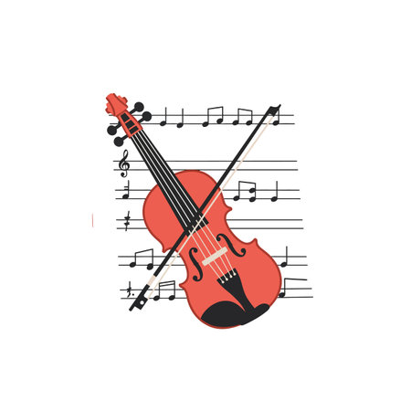 A red violin with a black bow lies across sheet music with black musical notes, showcasing a classic...