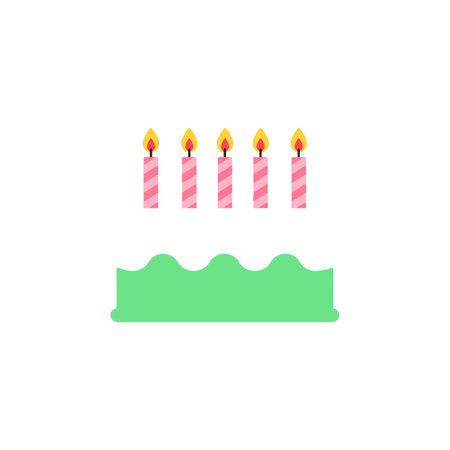 A simple birthday cake features green icing with five lit pink striped candles, symbolizing celebration in a bright, cheerful atmosphere.のイラスト素材
