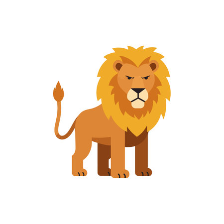 A fierce lion with a thick golden mane stands alert, showing strength and intensity in a simple flat design style.のイラスト素材