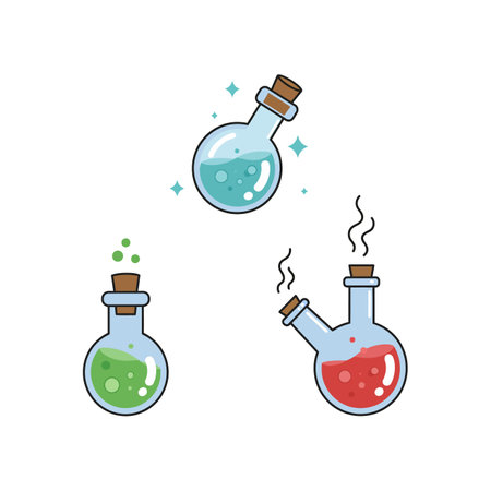 Three glass flasks containing blue, green, and red bubbling and steaming liquids, depicting a scientific experiment in a clean, minimal flat design.のイラスト素材