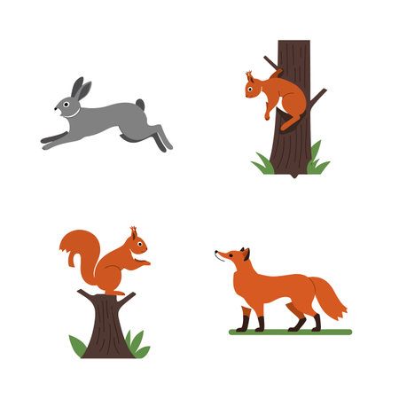 A gray rabbit jumps, two orange squirrels sit and climb tree trunks, and a fox stands alert on grass, depicting lively woodland animals in flat vector art.のイラスト素材