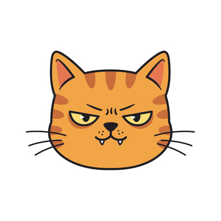 An orange tabby cat head with stripes, angry expression, yellow eyes, and whiskers in a simple flat cartoon style with white background.のイラスト素材