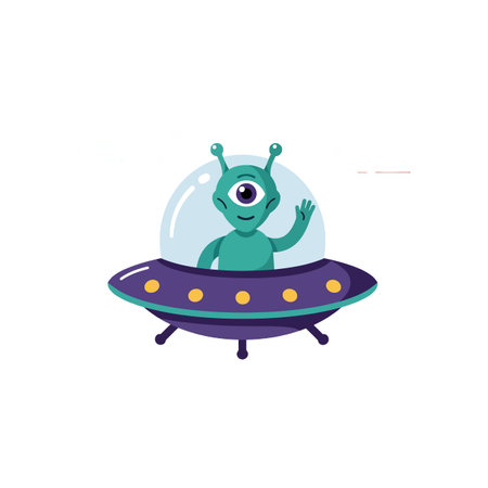 A friendly one-eyed green alien with antennae waves from a purple UFO spaceship, creating a playful...