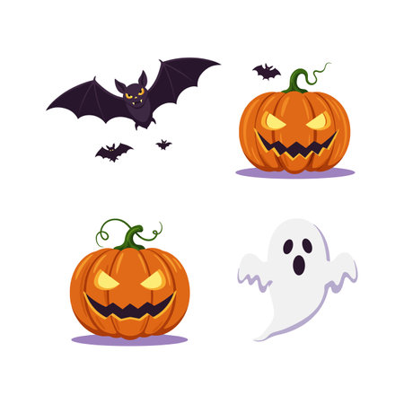 Two carved pumpkins with glowing eyes and jagged mouths, dark bats flying overhead, and a white ghost with an eerie expression create a spooky Halloween scene.のイラスト素材