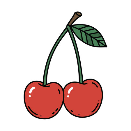 Two bright red cherries connected by green stems with a single green leaf, depicted in a clean flat...