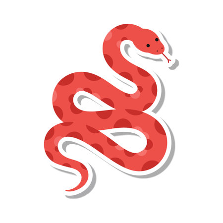 A red snake with darker red spots is coiled in a relaxed pose, displaying a calm and simple design in a flat vector style.のイラスト素材