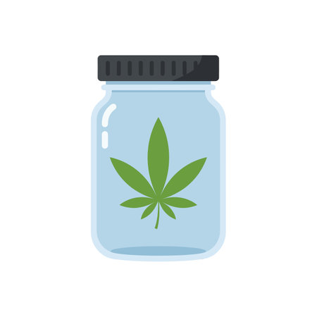 A clear jar with a black lid contains a green cannabis leaf, presented in simple flat style with soft shadows and clean lines.のイラスト素材