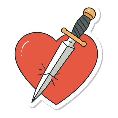 A silver dagger with a black handle piercings a bright red heart, symbolizing pain or betrayal in a clean, minimal flat design style.のイラスト素材