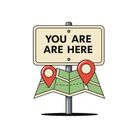 A folded green map with two red location pins stands below a beige sign reading YOU ARE HERE, symbolizing guidance and direction.のイラスト素材