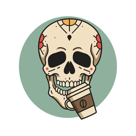 A stylized human skull adorned with floral decorations holds a coffee cup, set against a muted green circle, combining edgy and casual moods.のイラスト素材