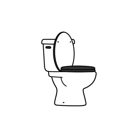 A simple toilet bowl with an open lid and black seat shown in flat minimal style on a white background, clean and straightforward mood.のイラスト素材