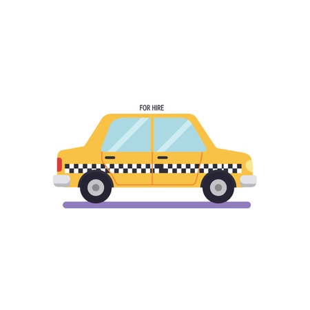 A yellow taxi car with black and white checked stripe and for hire sign stands still, depicted in a clean flat design style.のイラスト素材