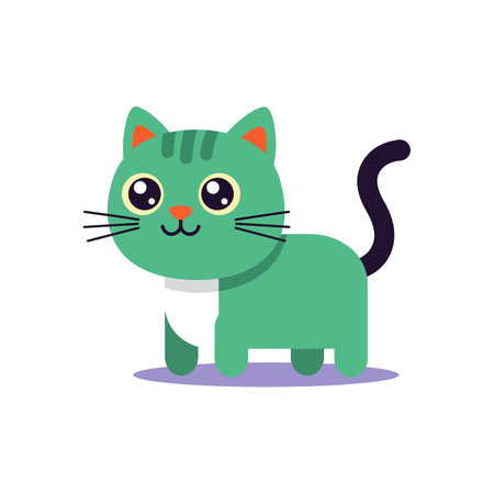 A small green cat with big round eyes, black tail, and white chest stands cheerfully with a friendly expression in flat design style.のイラスト素材