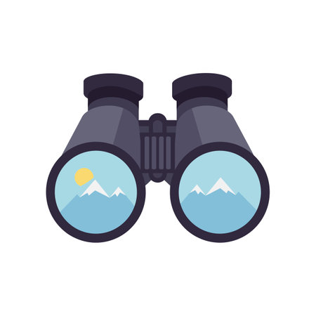 Black binoculars showing clear mountain peaks and a yellow sun reflected in the lenses, symbolizing outdoor adventure and nature observation.のイラスト素材