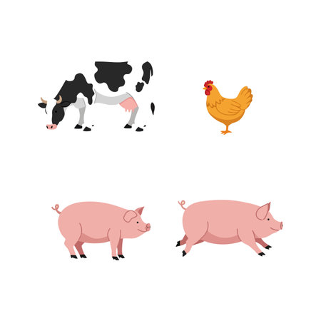 A black and white cow, an orange chicken, and two pink pigs stand and move calmly, depicted with simple shapes and bright colors in a flat style.のイラスト素材