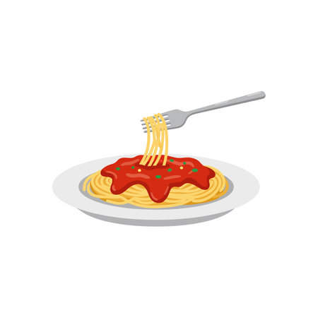 A white plate holds yellow spaghetti topped with red tomato sauce, sprinkled with green herbs, while a silver fork twists noodles above.のイラスト素材