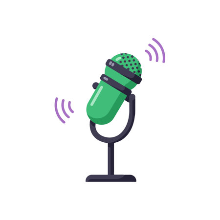 A green vintage microphone on a black stand emits purple sound waves, illustrating an active recording or broadcasting scene in flat vector style.のイラスト素材
