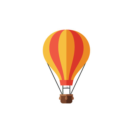 A hot air balloon with alternating orange and yellow panels rises calmly with a small brown basket, evoking a peaceful and adventurous mood.のイラスト素材