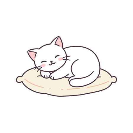 A small white cat with pink ears and cheeks sleeps curled up on a soft beige cushion, conveying calm and comfort.のイラスト素材
