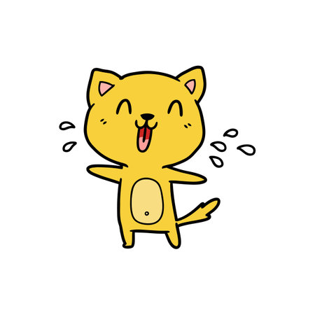 A cheerful yellow cat with closed eyes and tongue out laughs with raised paws, expressing joy and playfulness in simple flat vector style.のイラスト素材