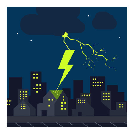 Dark urban skyline with illuminated windows as vivid yellow lightning bolt strikes a rooftop, creating a dramatic and intense nighttime atmosphere.のイラスト素材