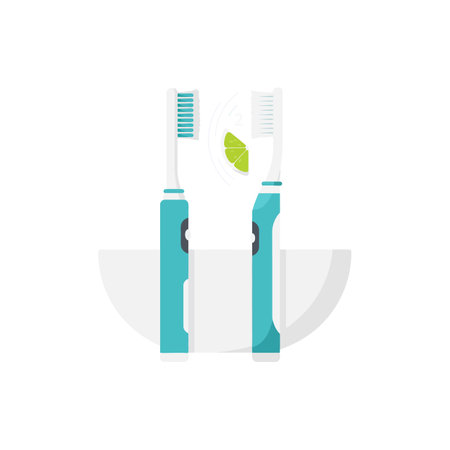 Two turquoise electric toothbrushes stand upright with toothpaste and a lime slice between them, depicted in a clean, minimal, modern style.のイラスト素材