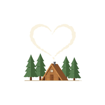 A small wooden cabin stands among tall green pine trees with smoke rising from the chimney forming a heart shape, evoking warmth and tranquility.のイラスト素材
