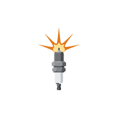 A detailed spark plug with metallic and ceramic parts emits an orange ignition spark, symbolizing engine ignition and mechanical energy.のイラスト素材