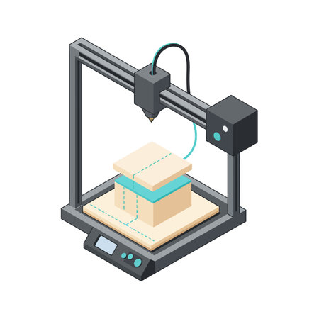 A 3D printer with gray frame and control panel prints a beige box wrapped with blue tape, showing...