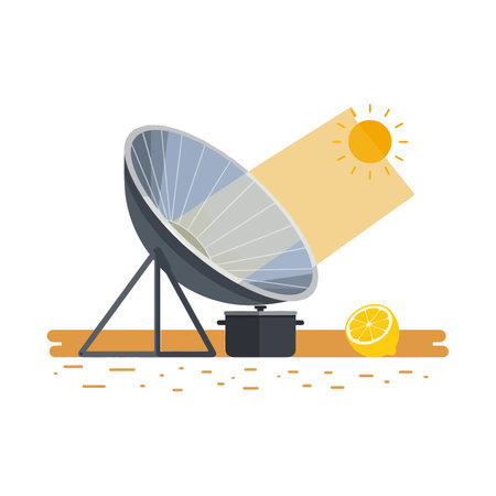 A solar cooker with a large reflective parabolic dish focuses sunlight onto a pot, with a bright sun and a sliced lemon nearby.のイラスト素材